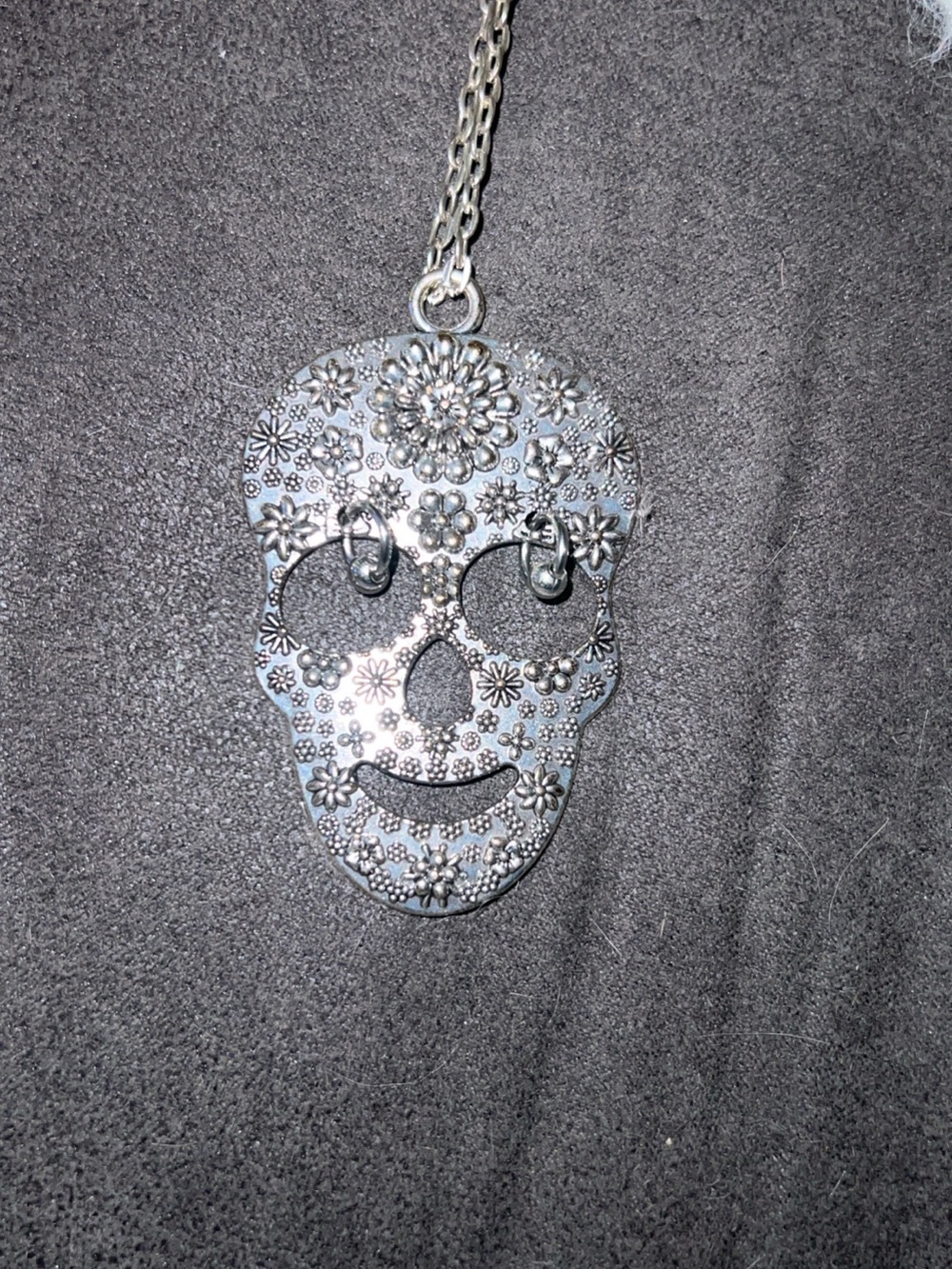 Floral Sugar Skull Pendant Necklace - Silver Tone